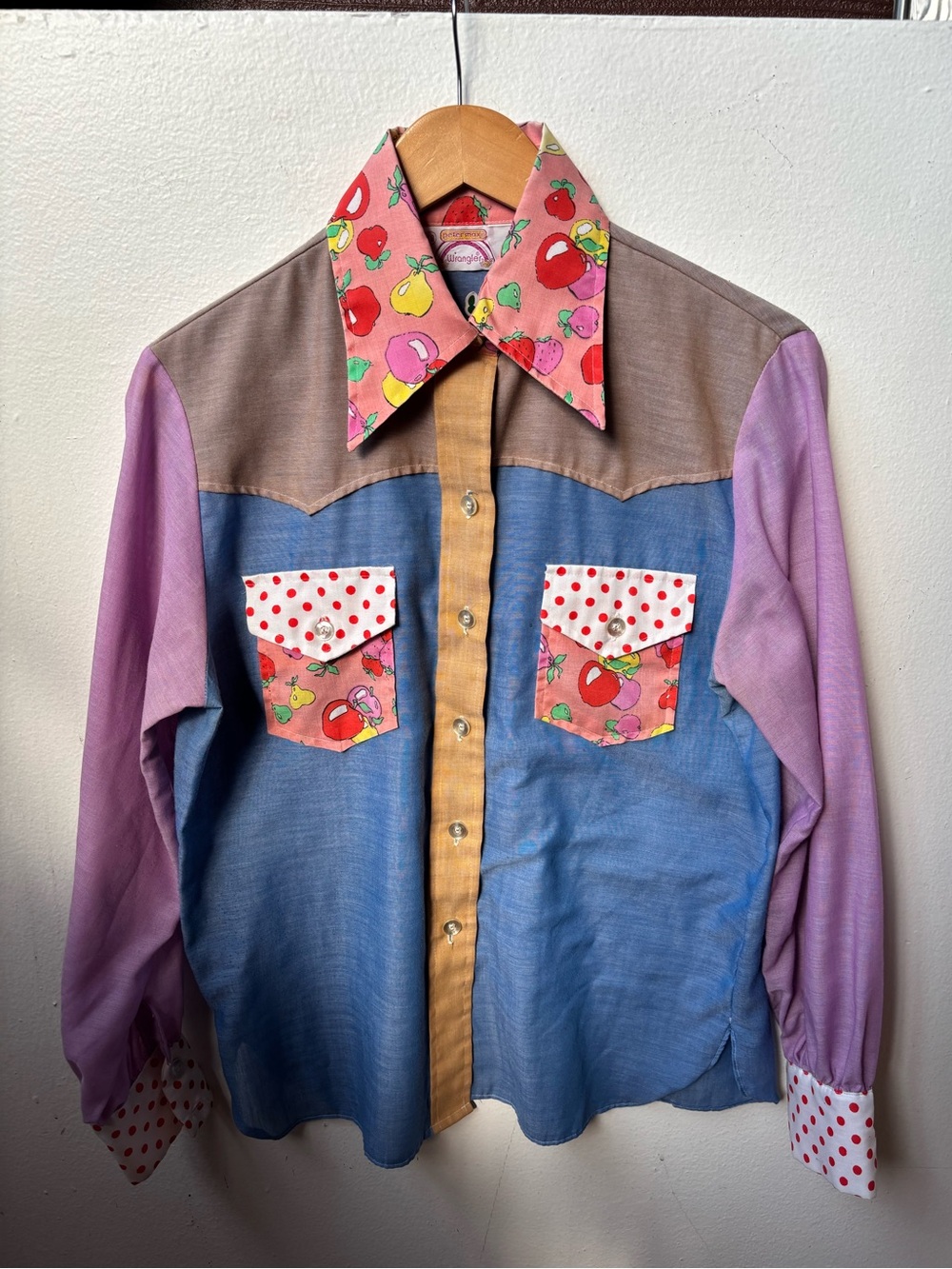 1970s Wrangler PETER MAX  Patchwork Button-Down Shirt - Blue/Purple/Tan/Pin